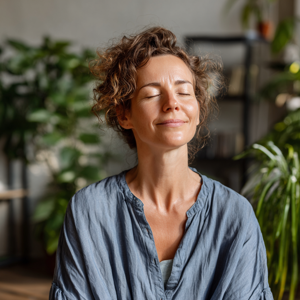 Smiling middle-aged European woman with healthy glowing skin in natural lighting, representing wellness and natural health approach