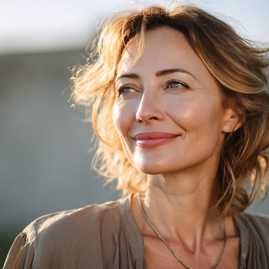 Confident European woman in her 40s with natural makeup and healthy skin, representing holistic wellness approach and natural beauty in soft natural lighting