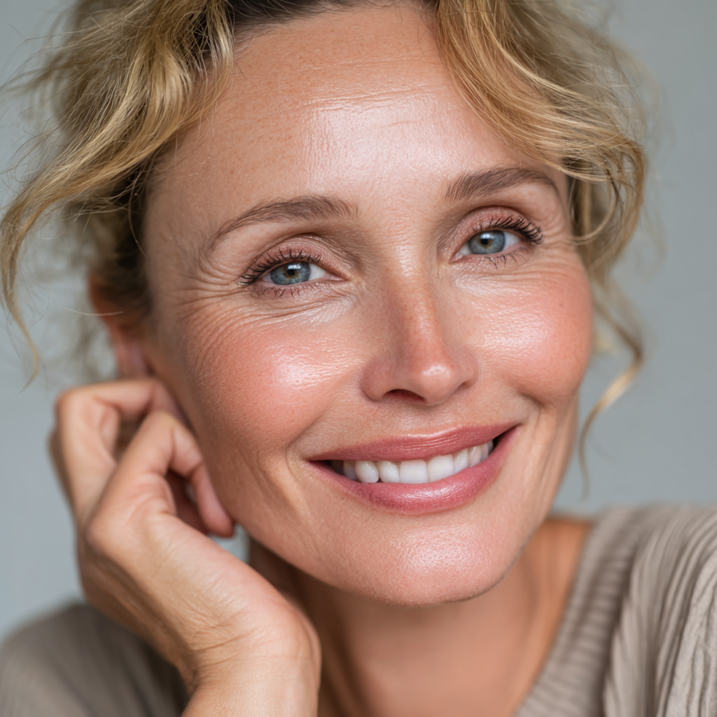 Serene European woman in her 30s with clear skin and natural beauty, practicing wellness routine in peaceful natural environment, representing holistic health approach