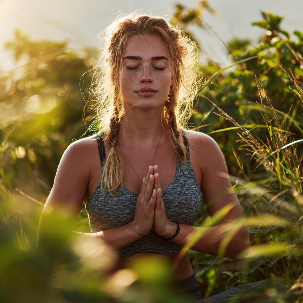 Relaxed European woman in her 30s practicing meditation or yoga outdoors in natural setting, representing stress management and holistic wellness approach for skin health